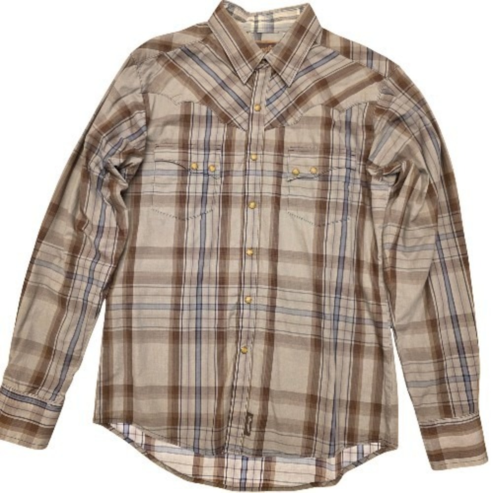 Wrangler RETRO M Gold Snap Front Plaid Western Shirt Brown Gray Cotton Cowboy